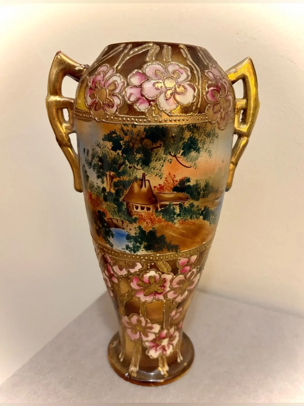 Japanese Nippon-Style Urn, Exquisite Moriage Florals & Landscape Antique 10 inch